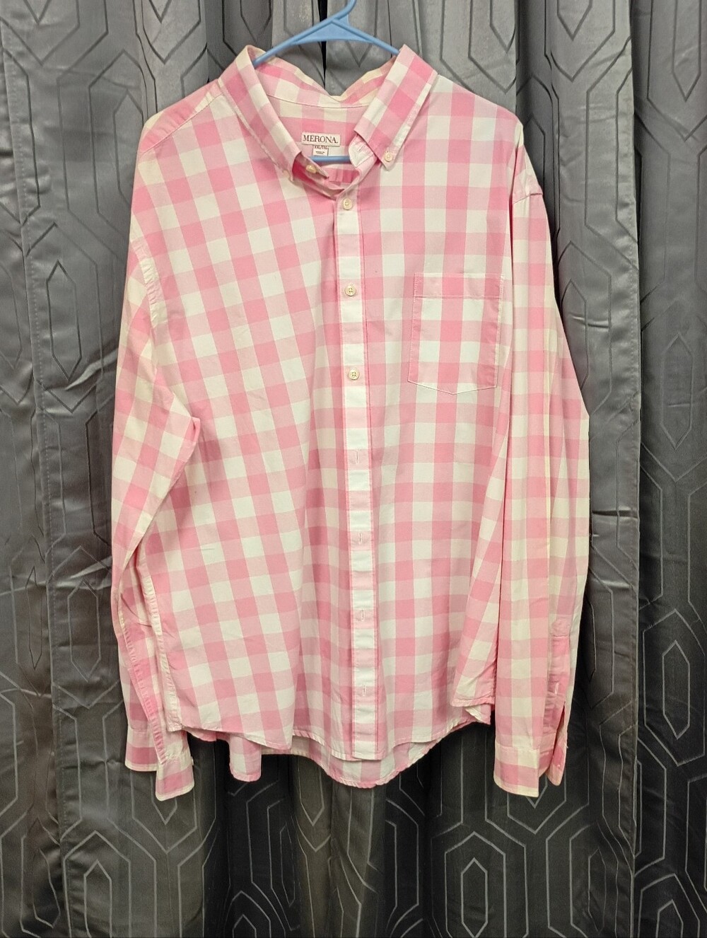 Merona Men's Pink And White Checkered Long Sleeve Button Down Shirt Size XXL
